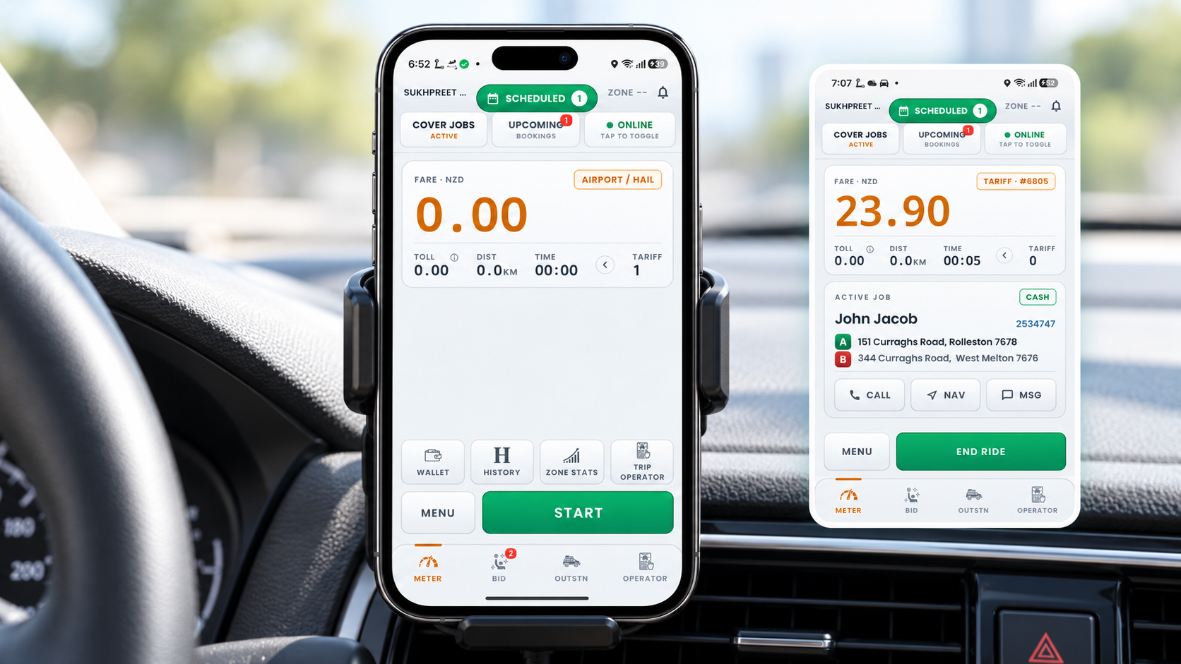 Driver app screens showing the GPS taxi meter and active trip controls in a vehicle.
