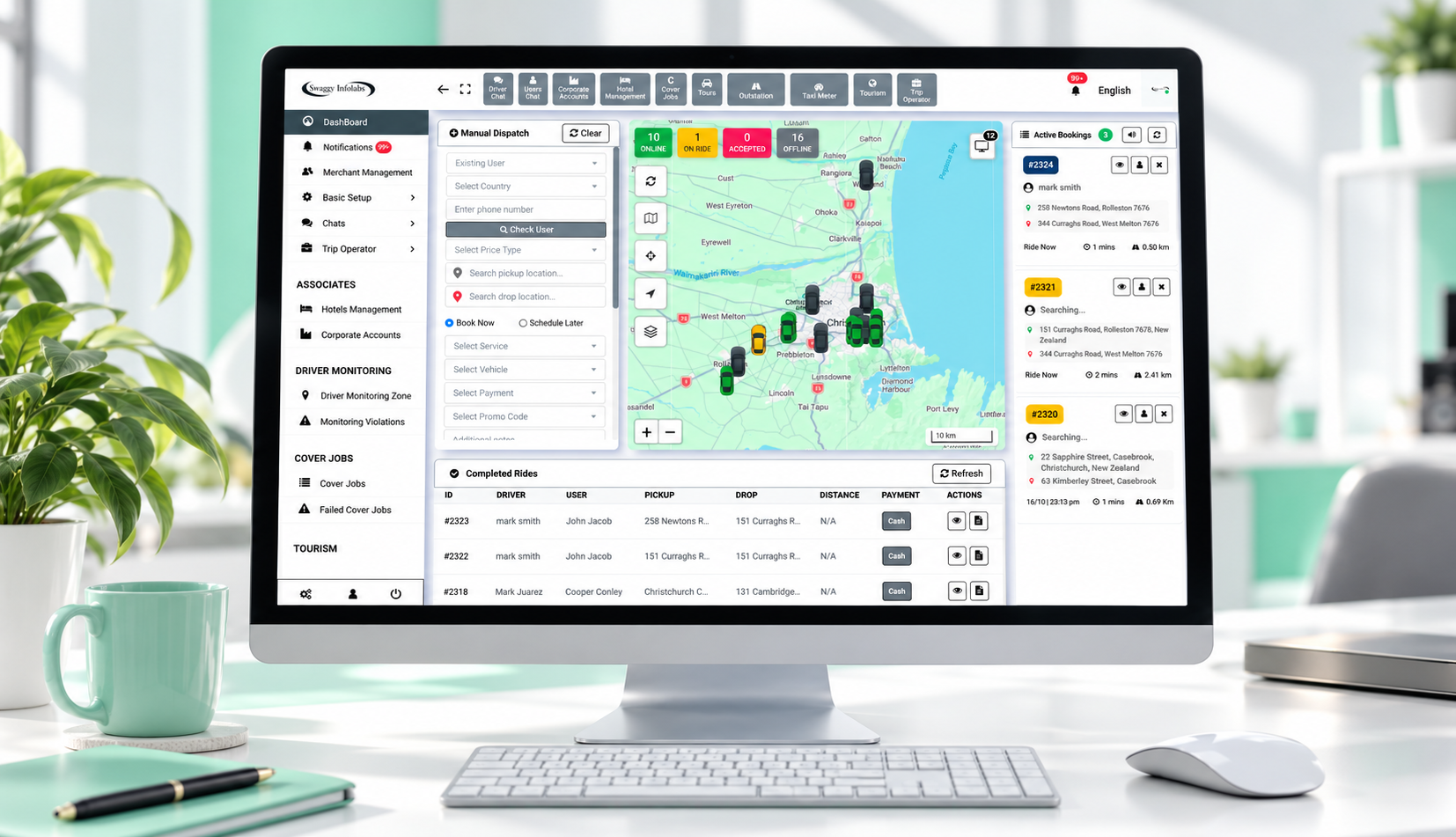 Taxi dispatch dashboard on a desktop monitor with booking controls, a map and trip list.