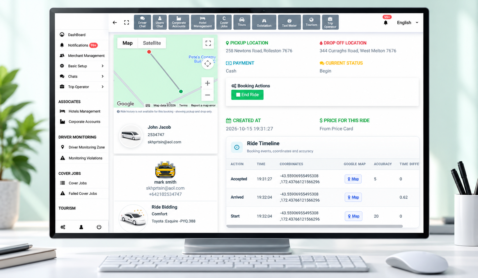 Trip-management dashboard with journey details, a map and booking records.