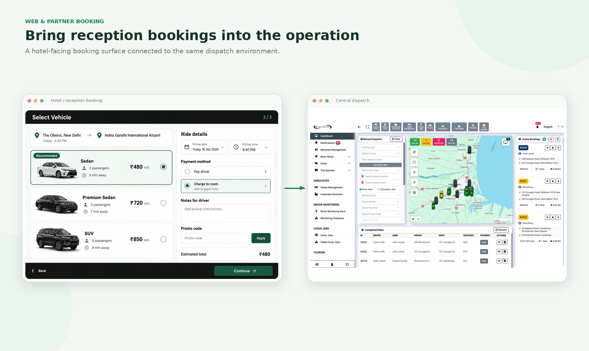 Hotel or reception booking interface connected to a dispatch console