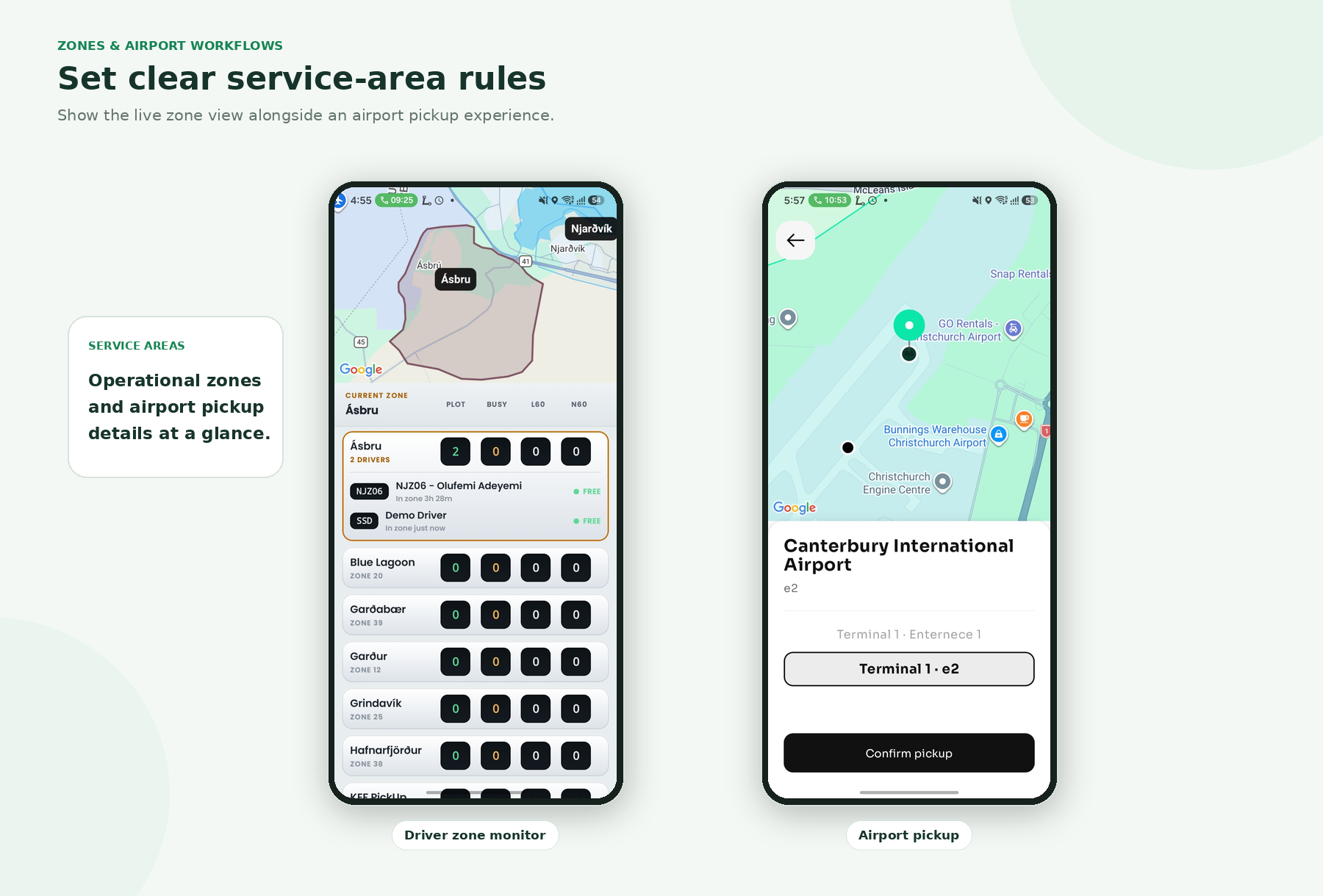 Zone and airport screens showing a service area and airport pickup information