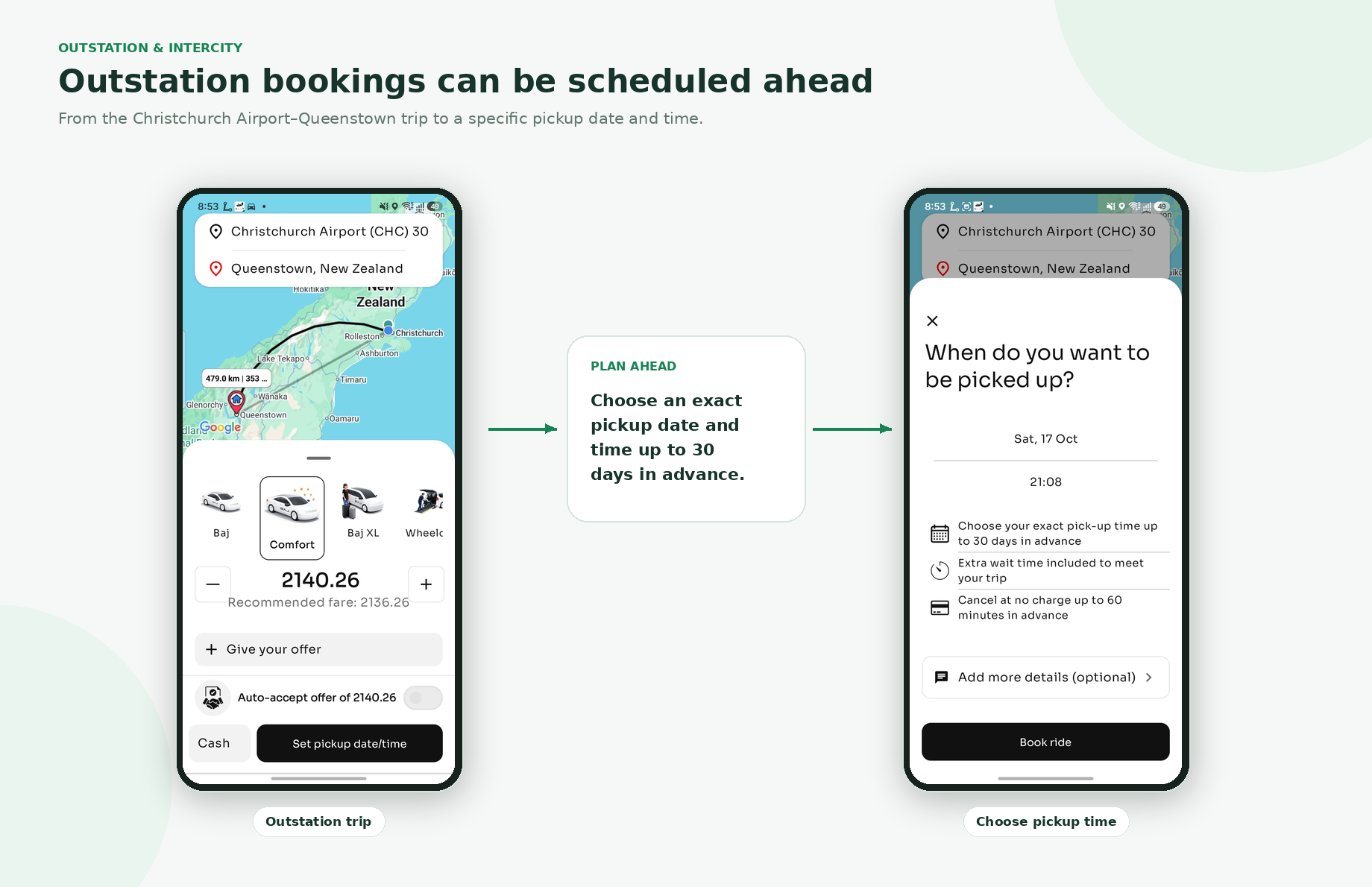Outstation booking screens for route, vehicle and pickup time selection