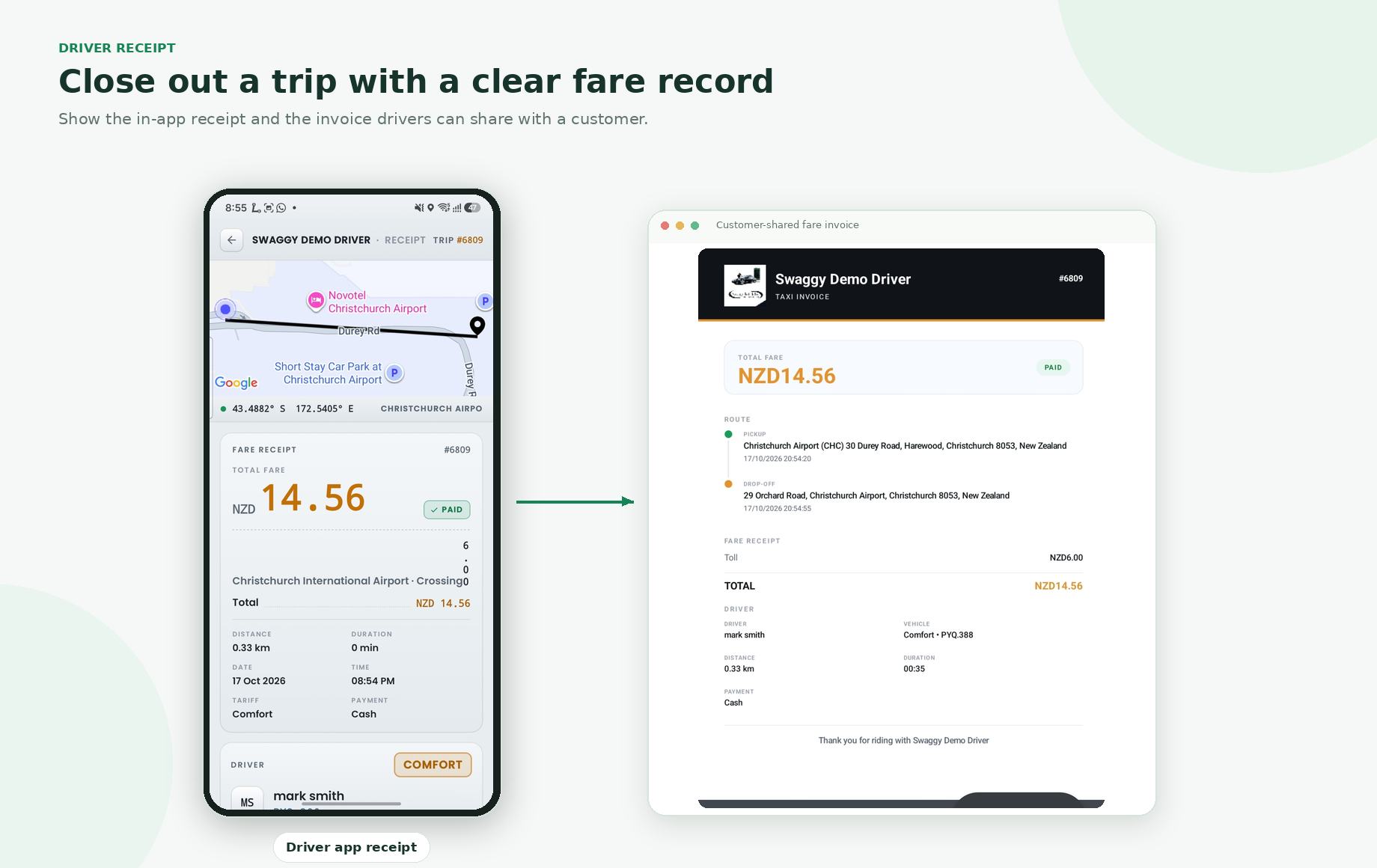 Driver trip receipt and shareable invoice with fare details