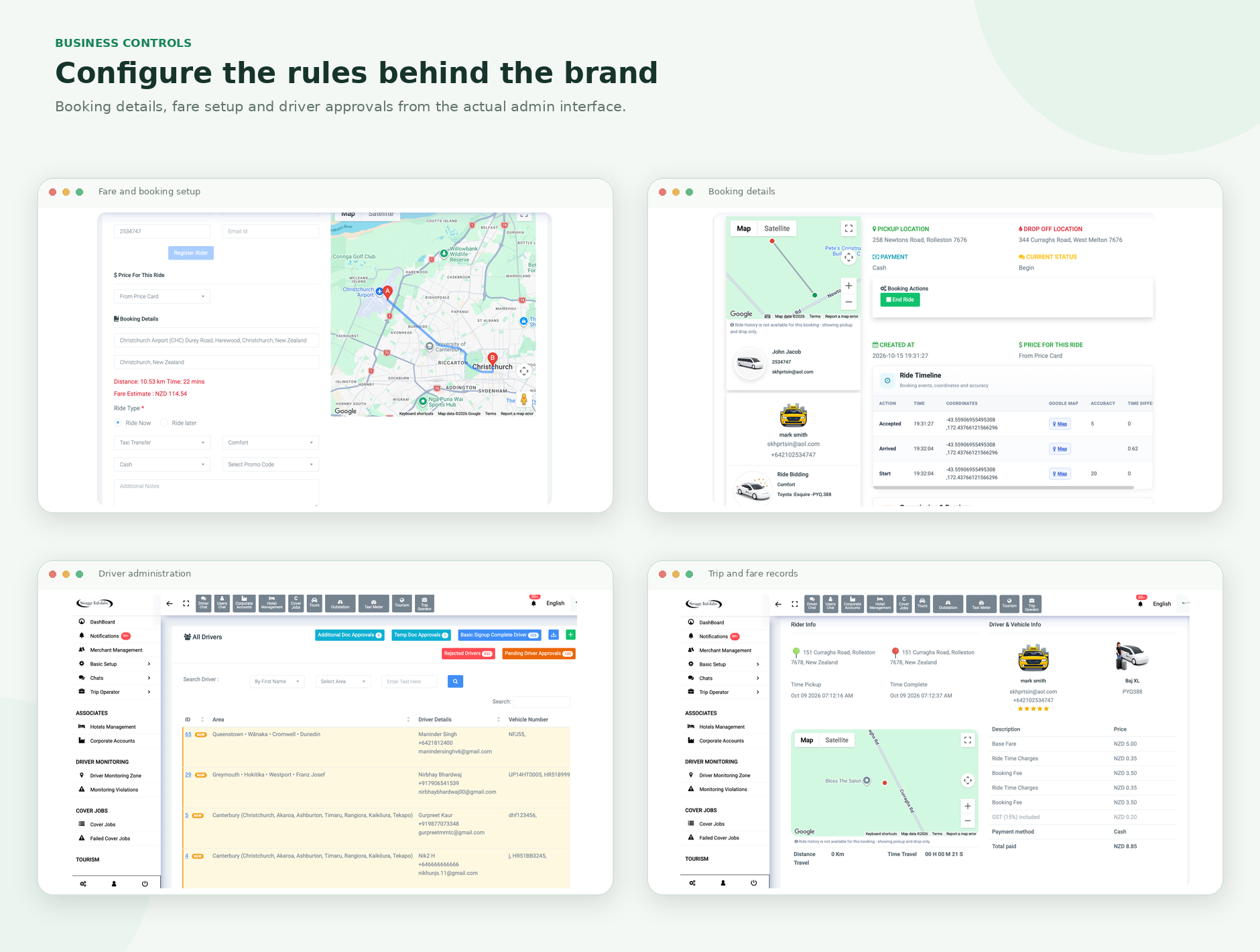 Taxi fleet administration interface examples for driver, booking and business controls