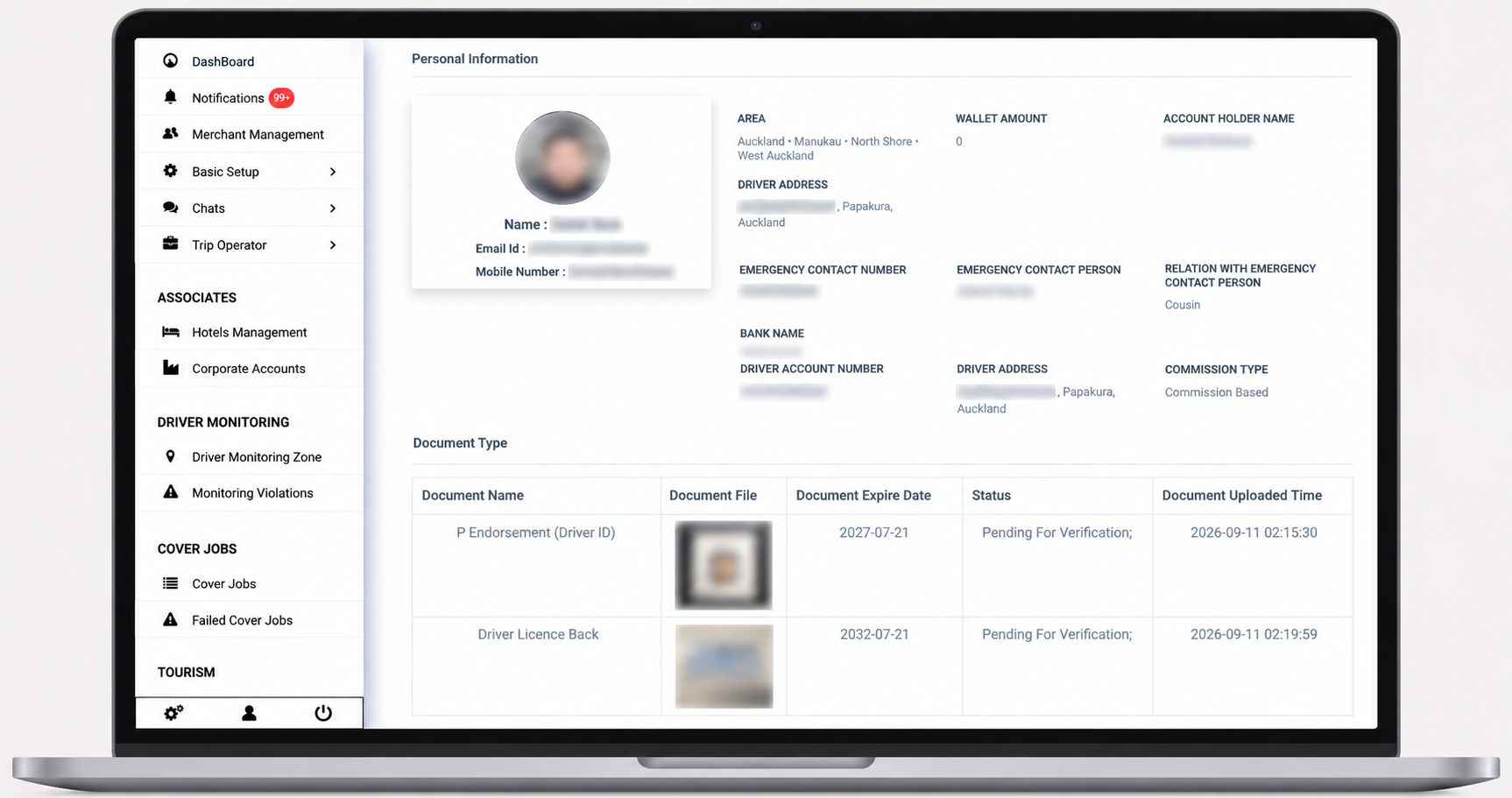 Taxi driver profile and document record screen with expiry dates and review status; personal fields are blurred