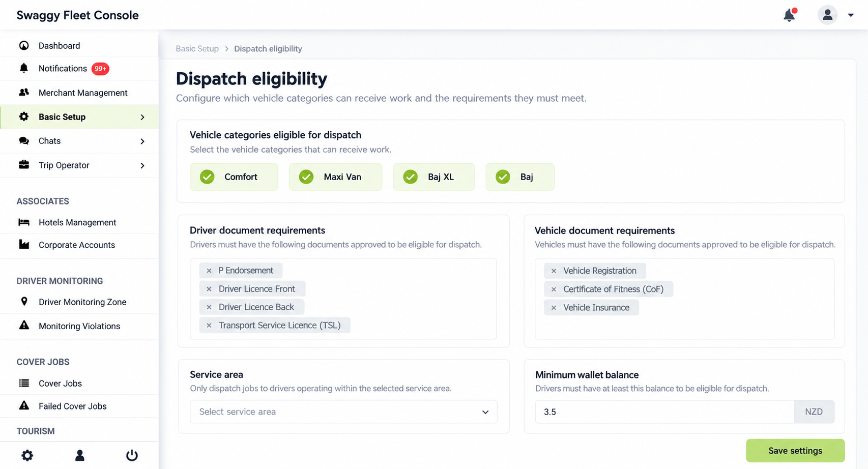Dispatch eligibility settings showing vehicle categories and driver and vehicle document requirements