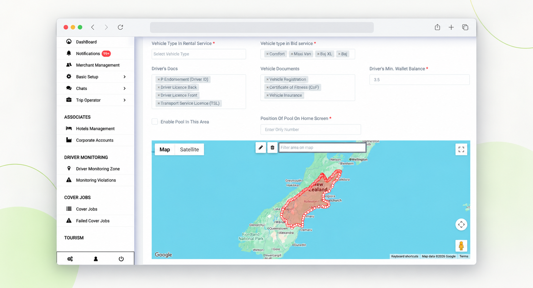 Taxi zone management interface with a highlighted operating geofence on a map