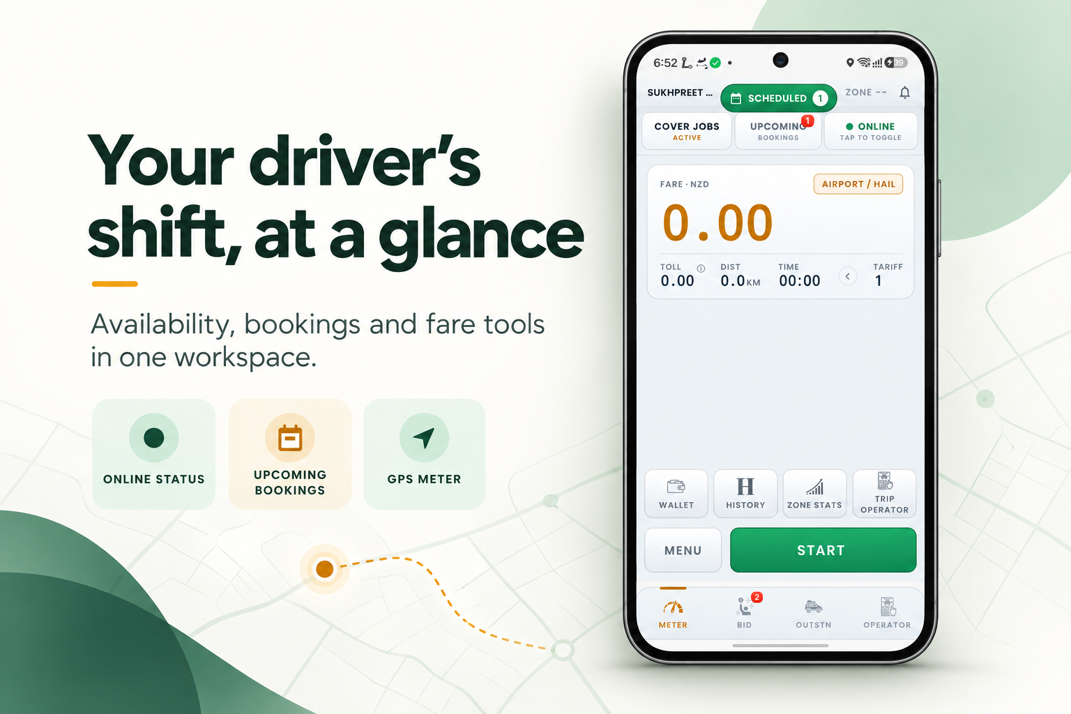 Supplied driver app visual showing online status, upcoming bookings, a GPS fare panel and driver tools