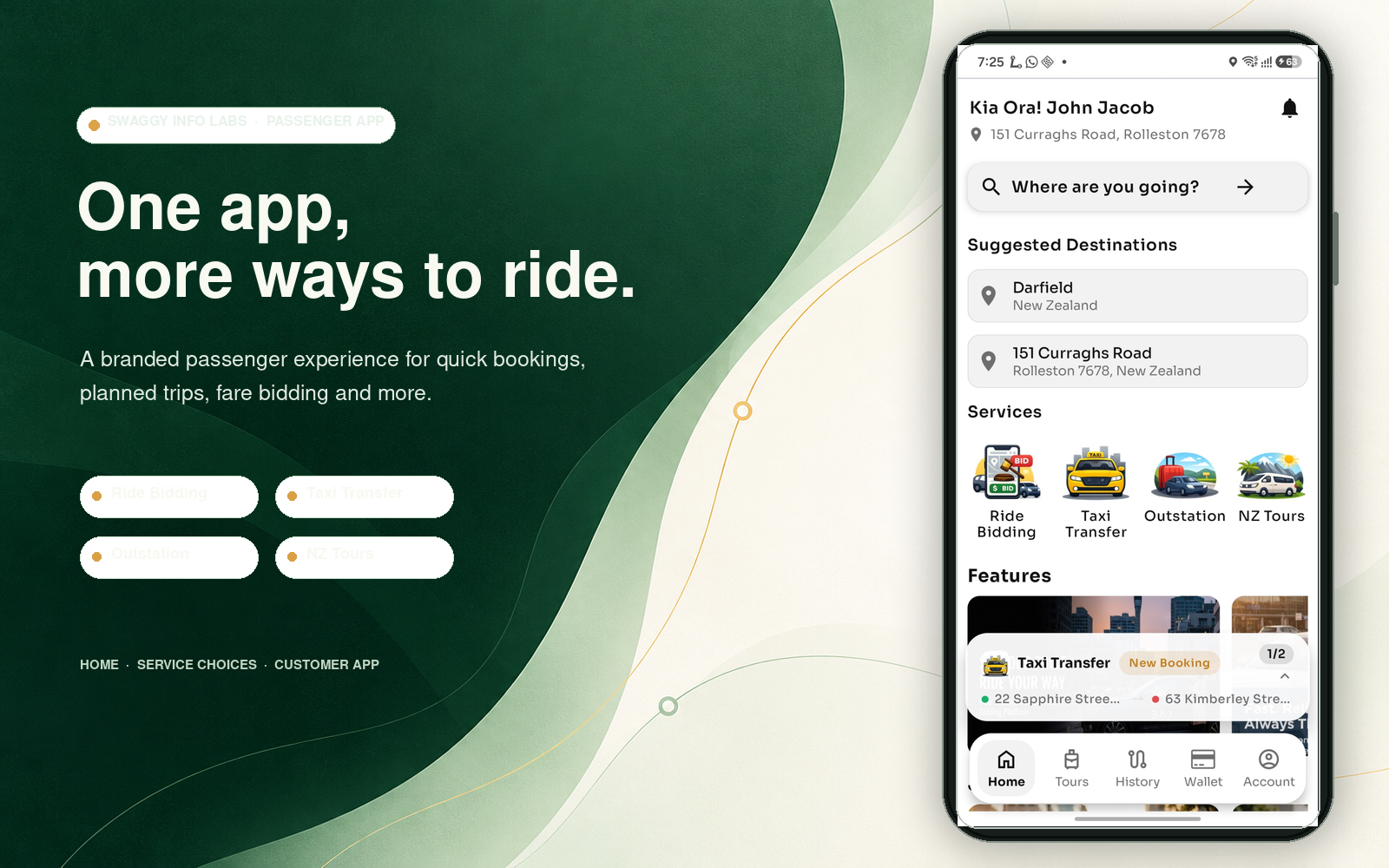 Supplied passenger app visual showing a branded home screen with map, destination search and ride services