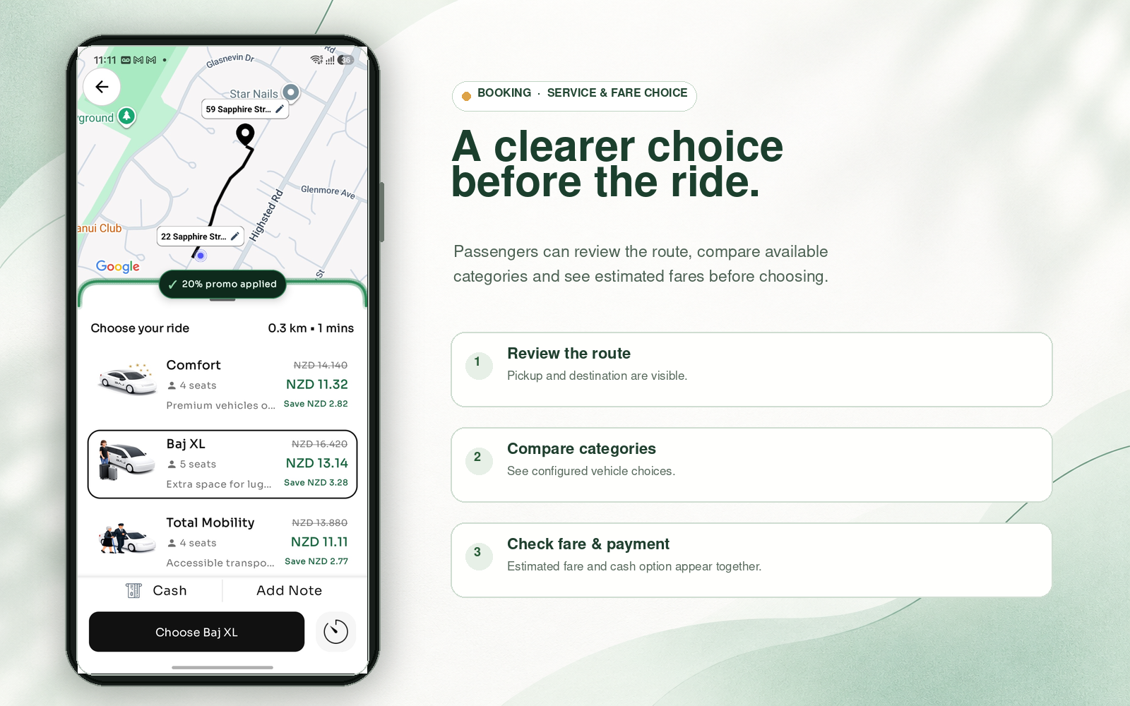 Supplied passenger booking visual showing a selected journey, vehicle categories and fare choices