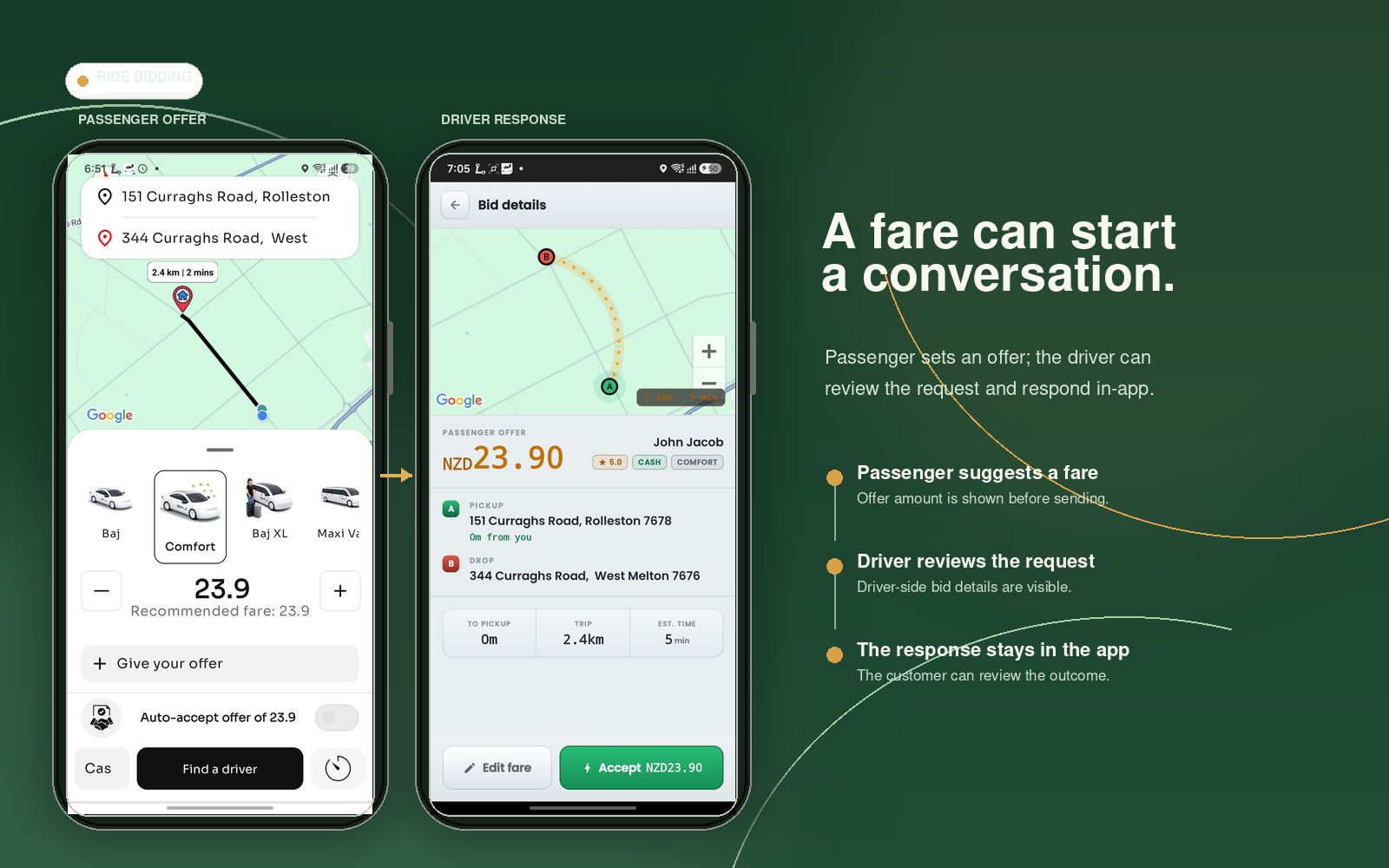 Supplied ride-bidding visual with passenger fare offer and a driver counter-response screen