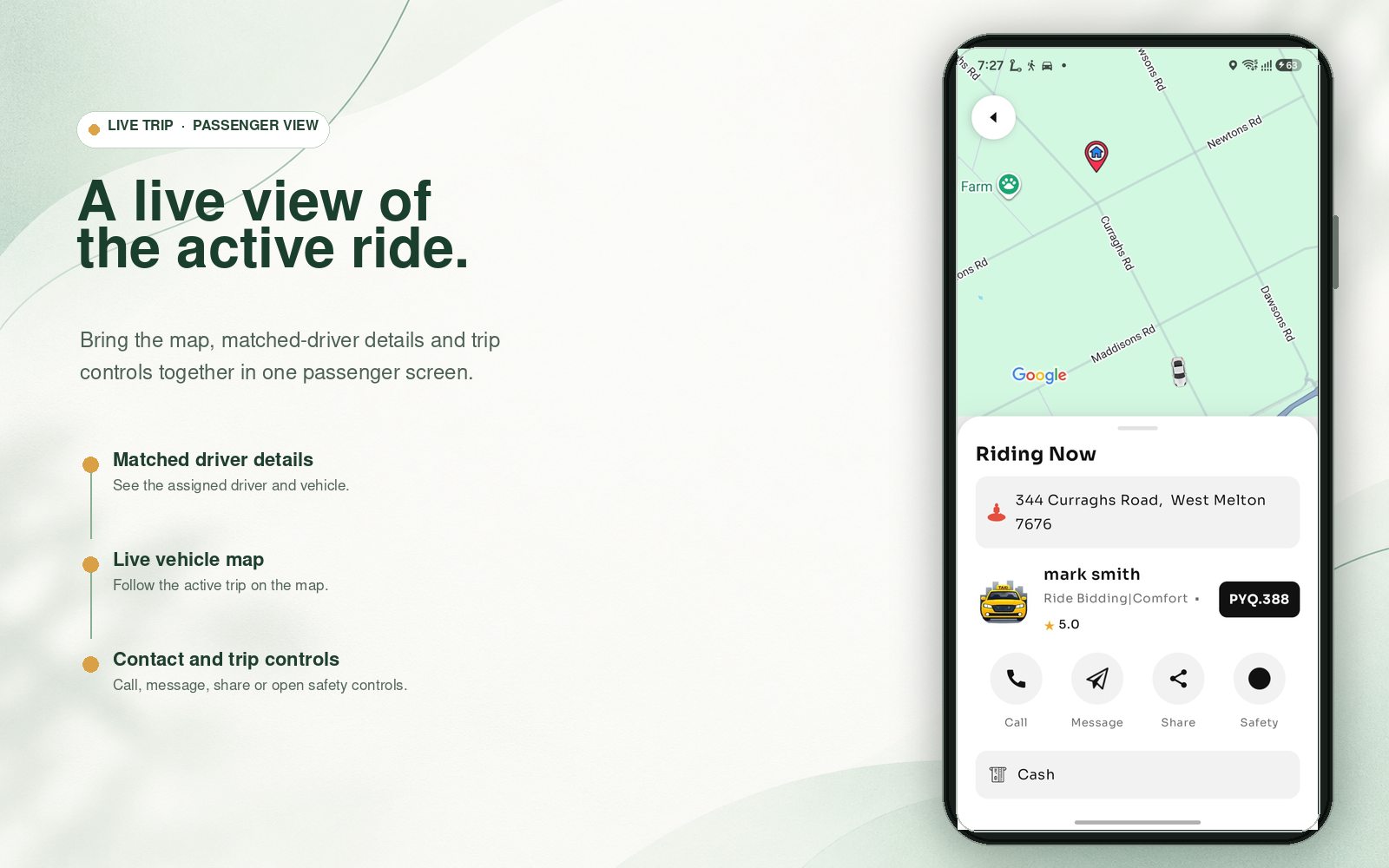 Supplied passenger app visual showing a matched driver, vehicle progress on a map and trip controls