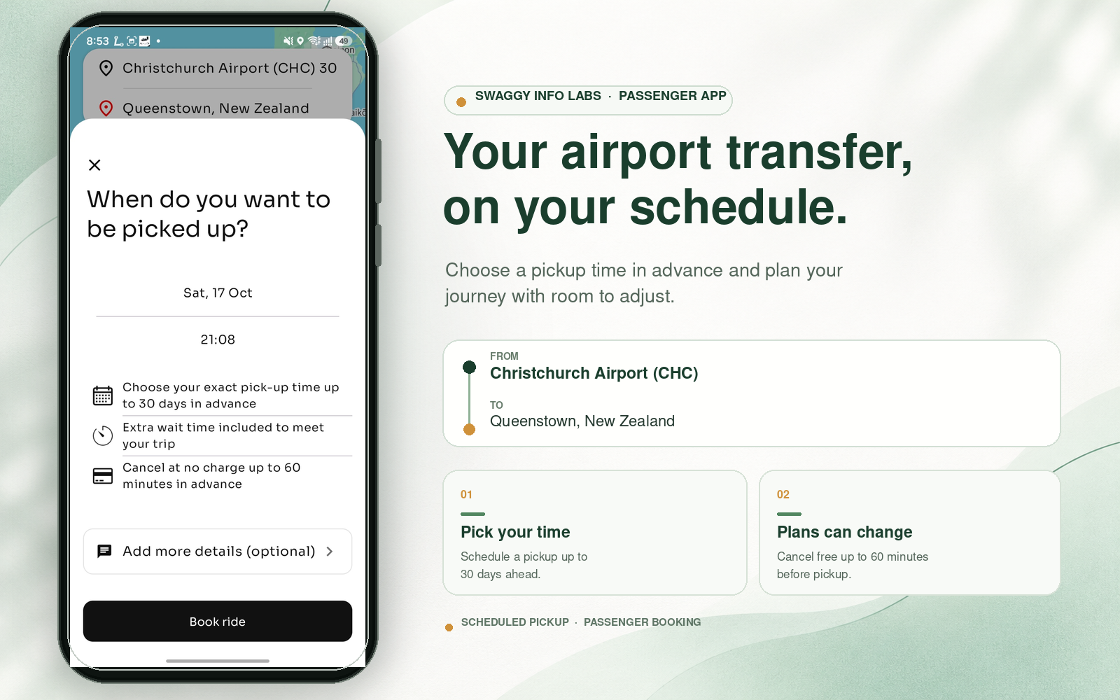 Supplied passenger app visual showing an airport transfer with a future pickup date and time