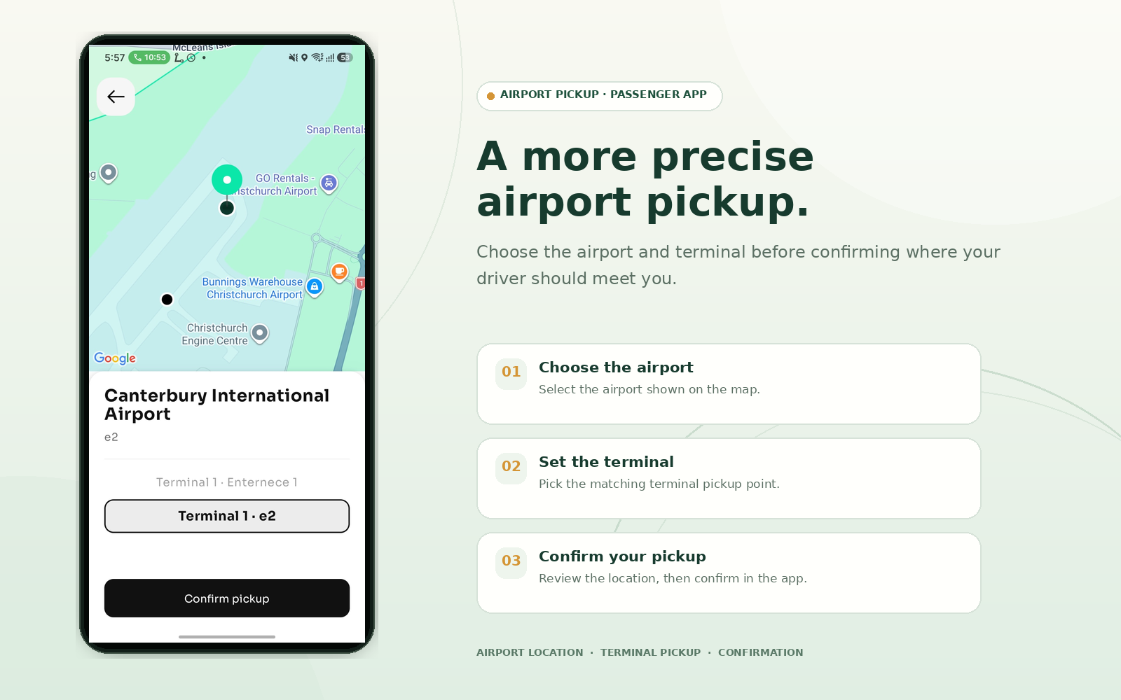 Supplied passenger app visual showing Christchurch Airport map selection and terminal pickup selection