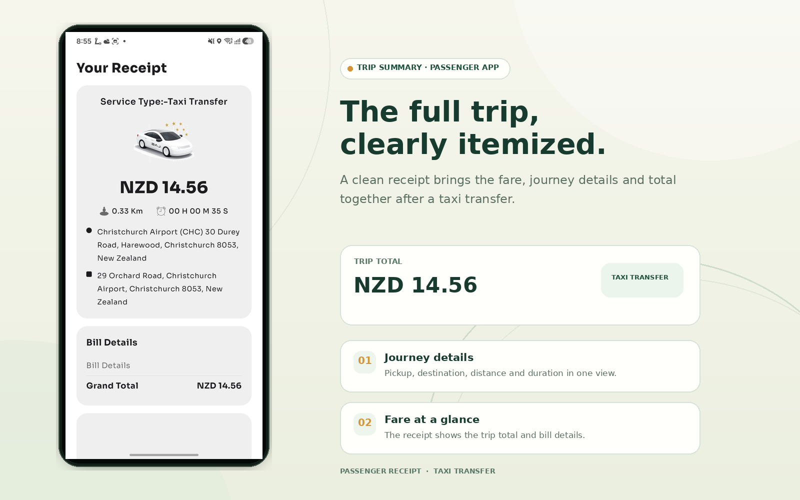 Supplied passenger app visual showing a completed taxi transfer receipt with trip and fare details