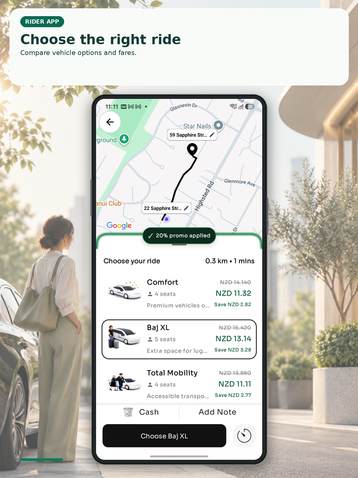 Rider presentation showing route, vehicle categories and fare selection.
