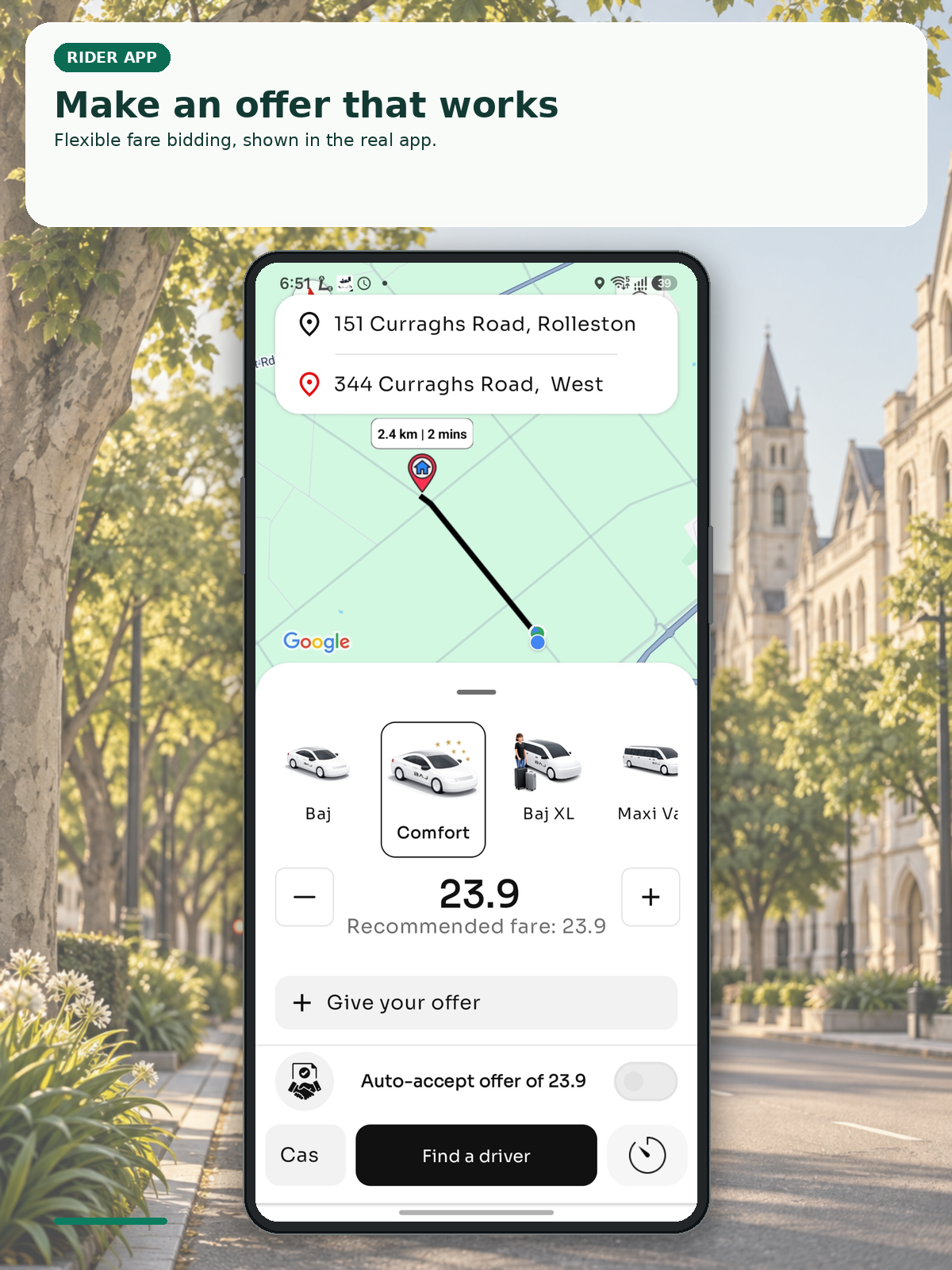 Rider fare-offer presentation showing a route, service options and proposed fare.