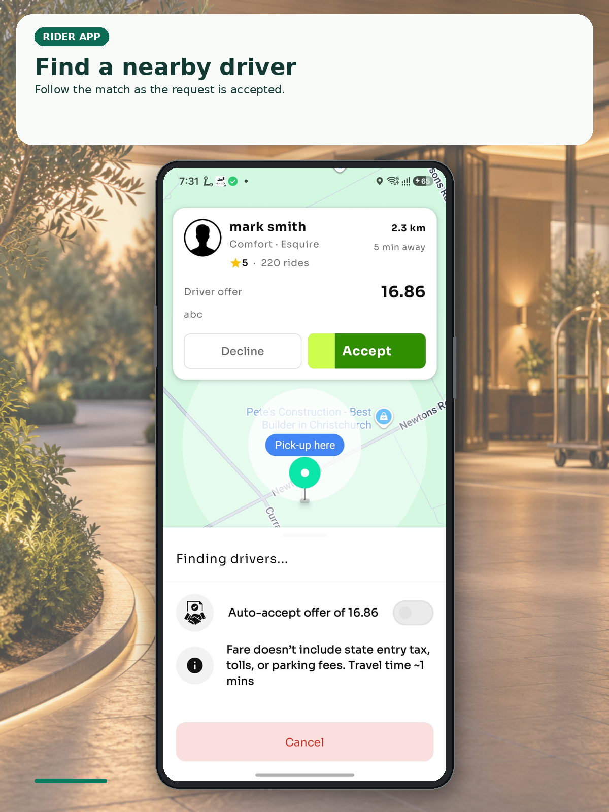 Passenger presentation showing a driver offer and matching status.