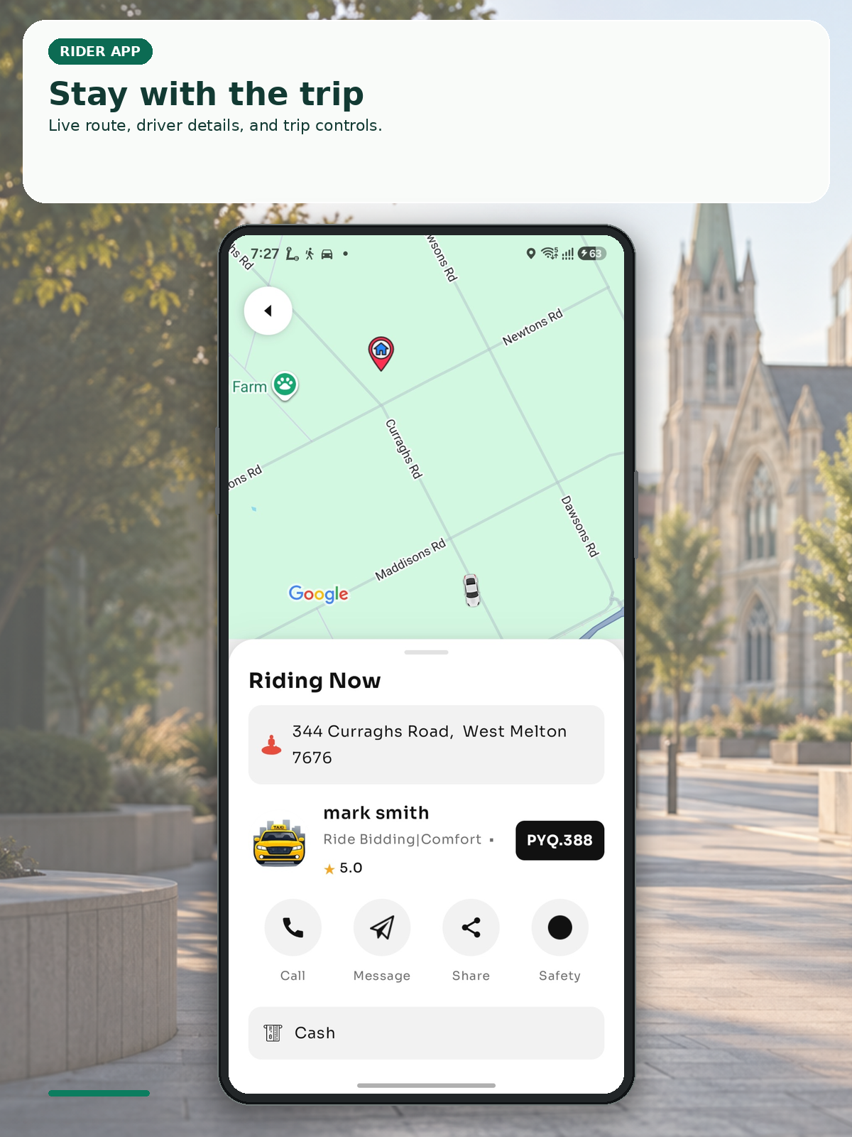 Passenger live-trip presentation showing a route, driver details and ride controls.