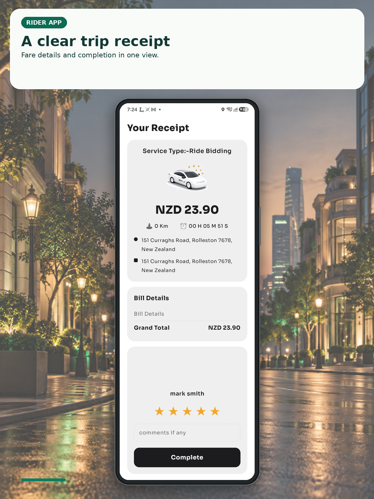 Passenger trip-receipt presentation with fare details and trip completion.