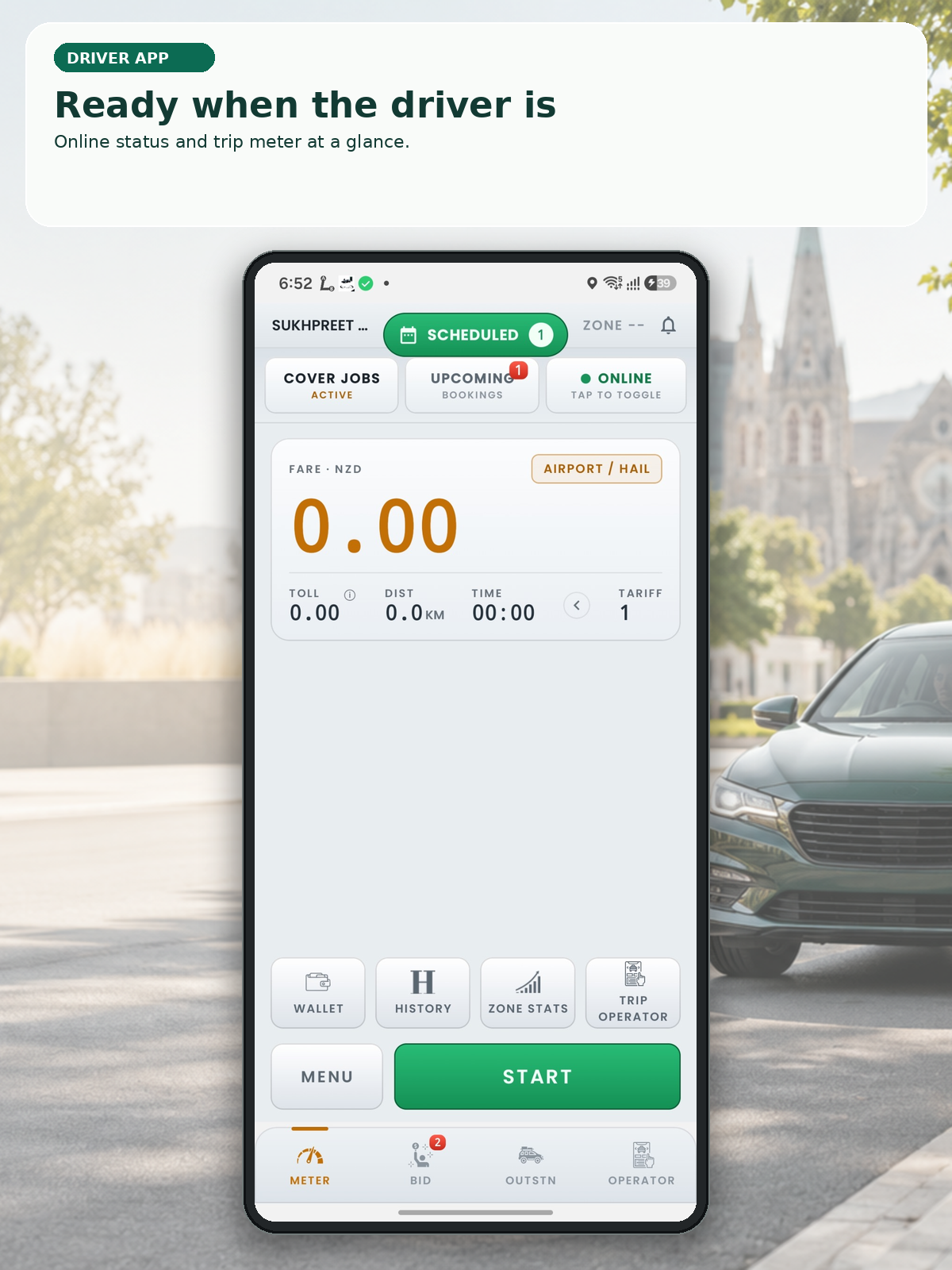 Driver online presentation showing availability and GPS taxi meter controls.
