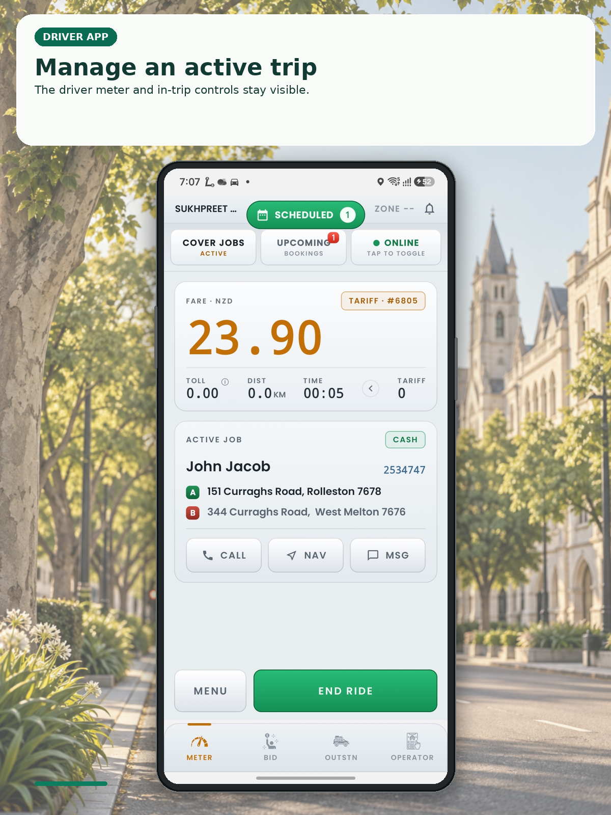 Driver active-trip presentation showing running fare, trip details and end-ride controls.