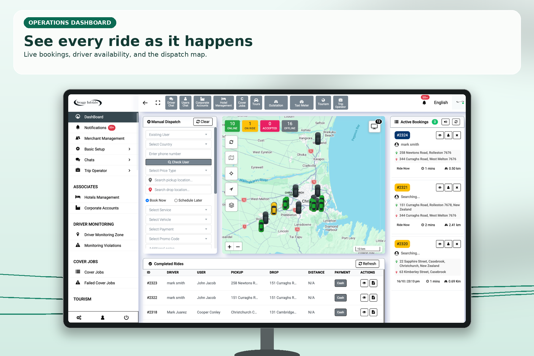 Admin live-dispatch presentation with booking queue, fleet map and driver information.