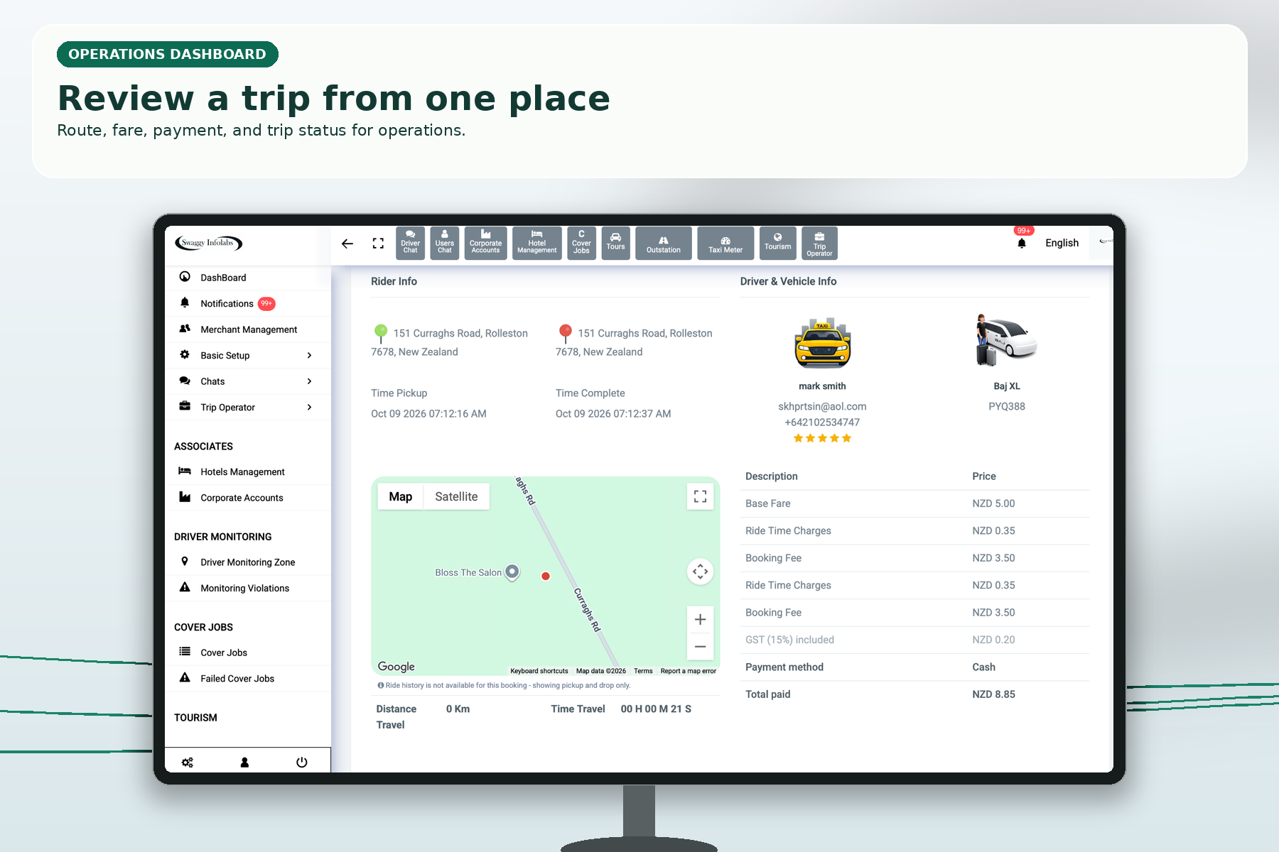 Admin trip-record presentation with trip details, fare information and journey history.