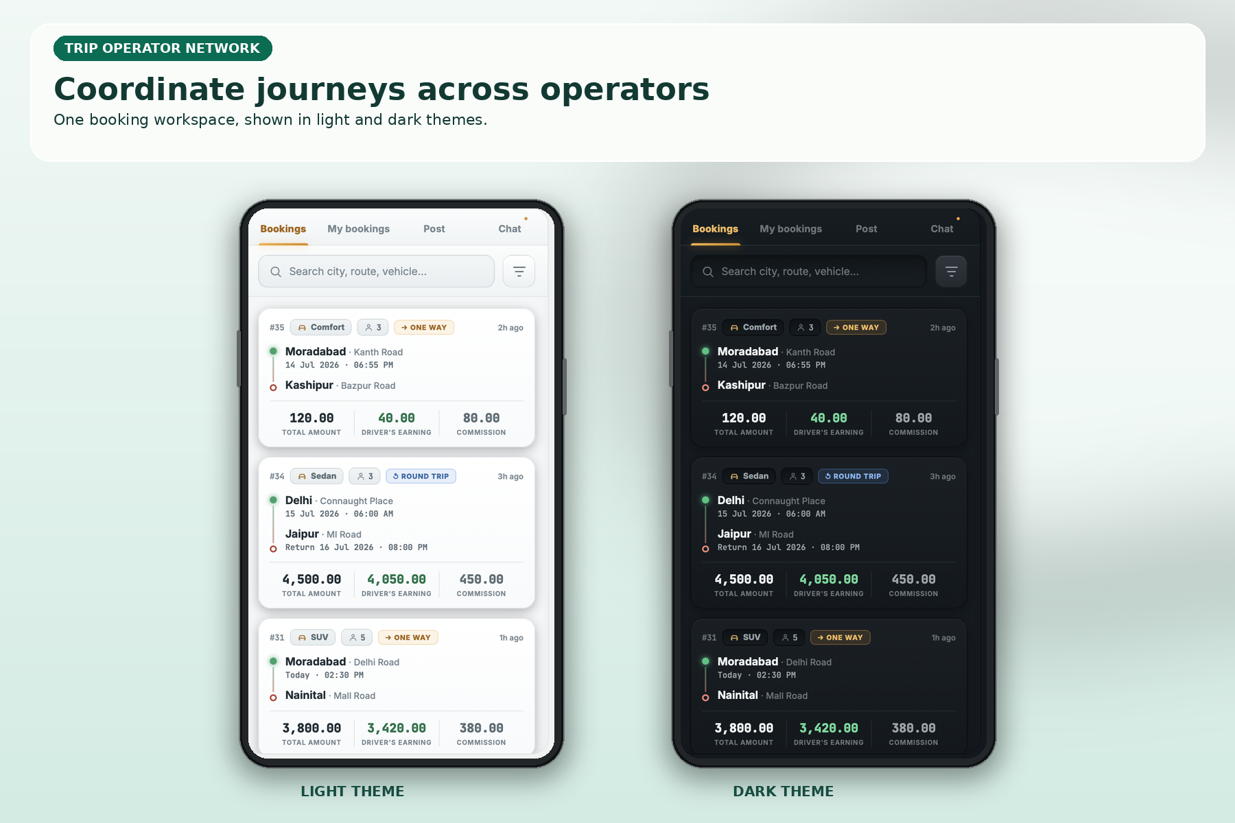 Trip Operator Network presentation showing booking lists in light and dark themes.