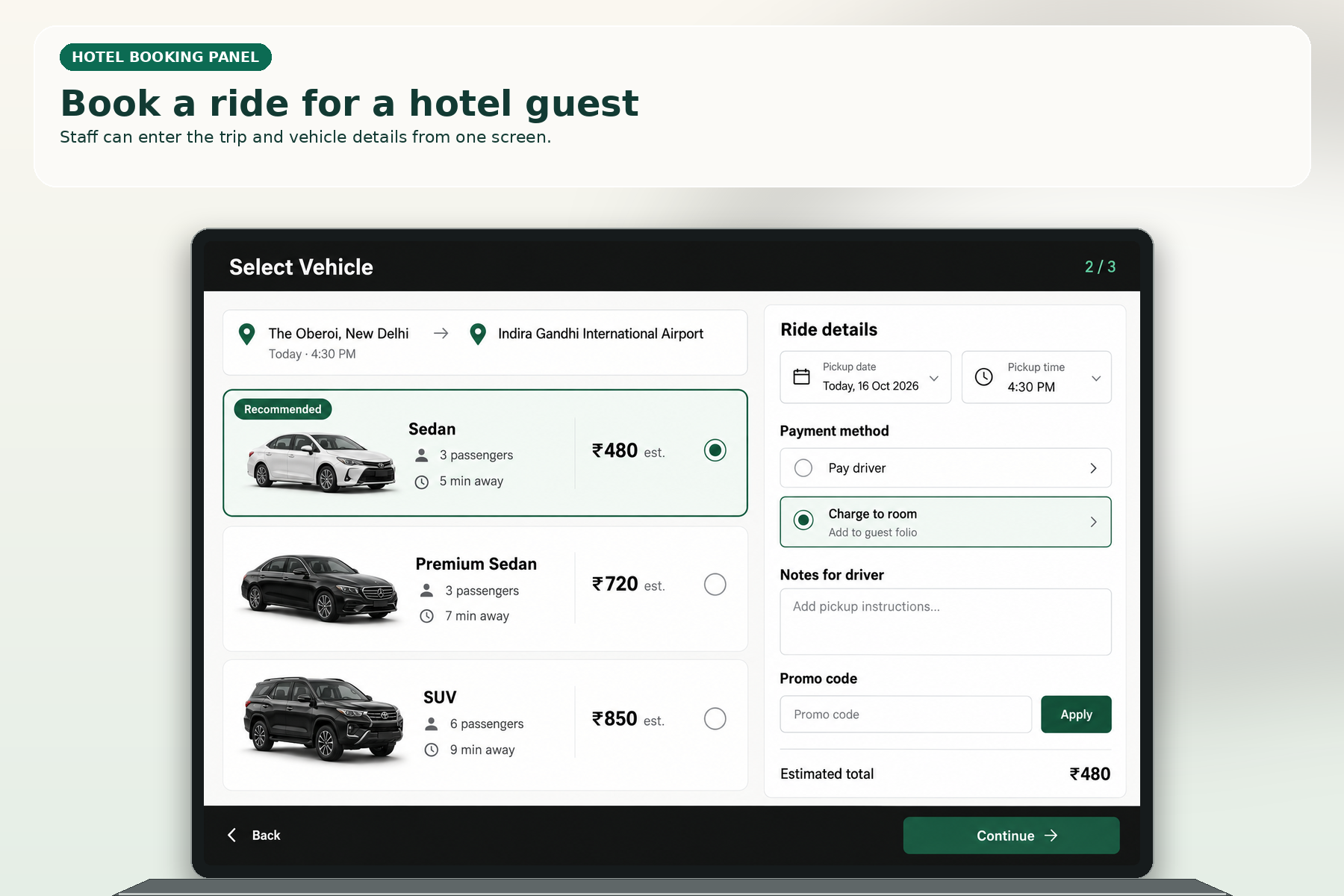 Hotel booking presentation showing vehicle options, prices and guest booking details.